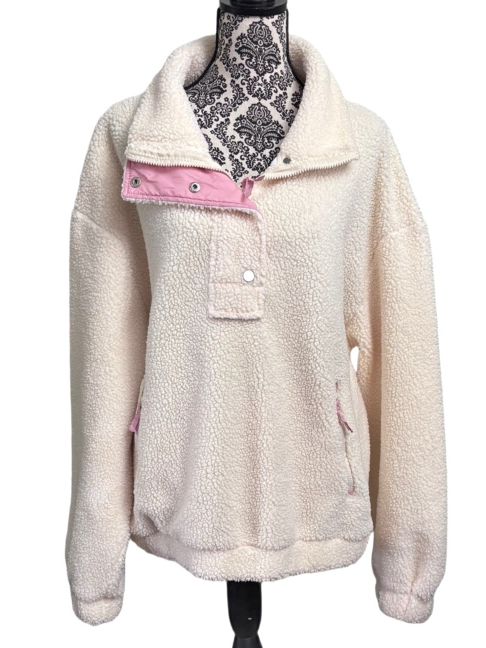 Cozy Cream Sherpa Pullover with Pink Trim 3X